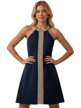 Lilly Pulitzer Sasha Shift Mini Dress Size 6 Style 23598 Navy Blue Embroidered